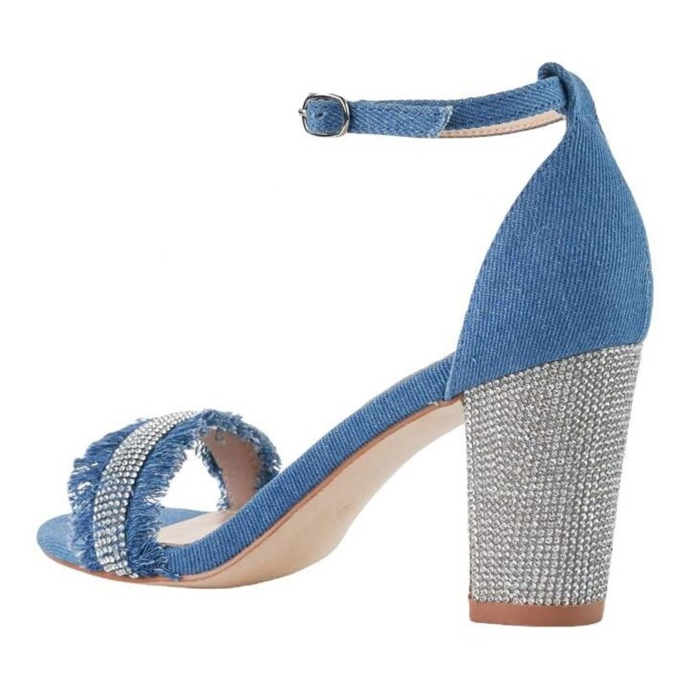 Denim Crystal Block Heel Sandals with Ankle Strap. - Picture 3 of 6